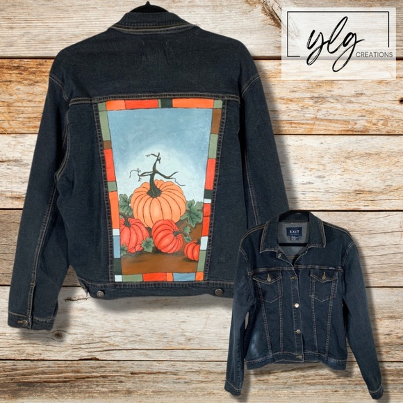EXIT LA Denim Trucker Jacket Hand Painted Pumpkins Orange Autumn 1XL - Picture 1 of 13